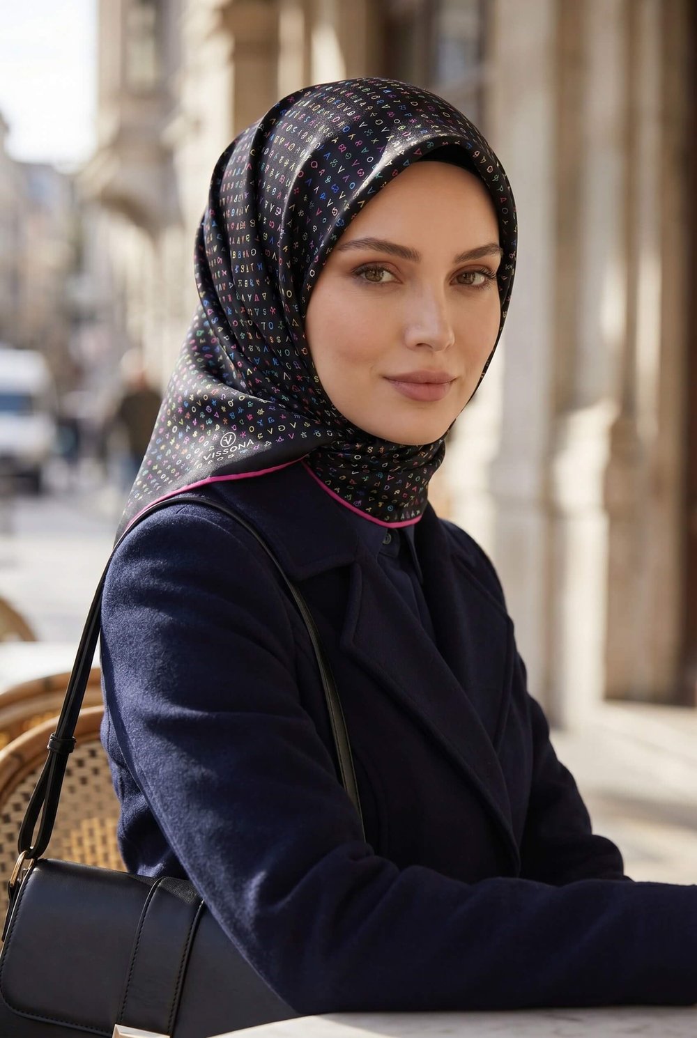 %100 Twill İpek Çıtır Motif Desenli Siyah - Fuşya Renkli 90x90 Eşarp Dikim Şekli : El Dikişi