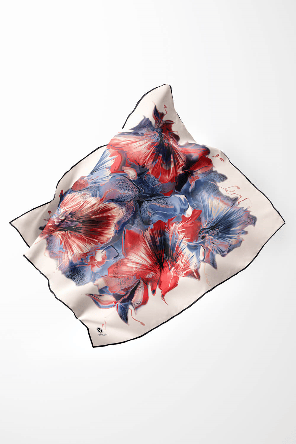 Twill Çiçek Desenli Kahverengi - İndigo Renkli 90x90 Eşarp (İpek İçermez) Kenar Dikiş Şekli El Dikişli