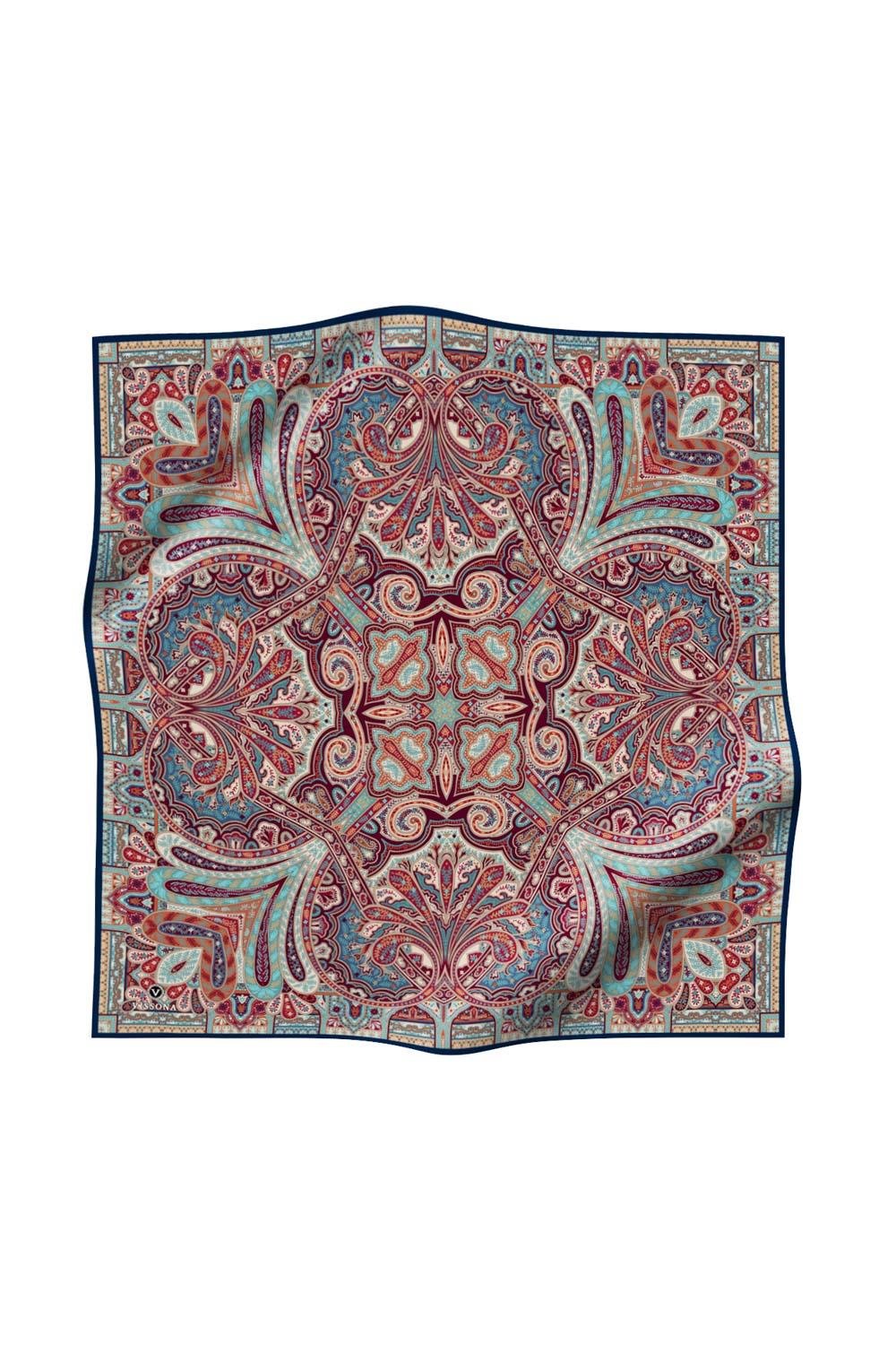 100% Twill İpek Etnik Desenli Lacivert Renkli 90x90 Dikim Şekli : El Dikişi Eşarp