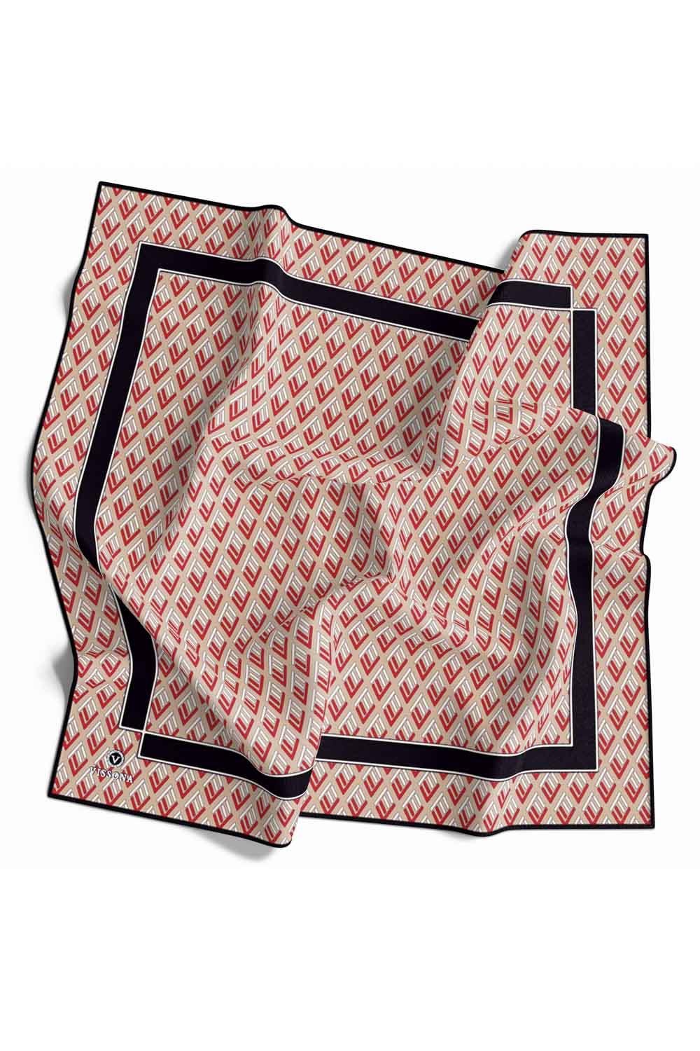 %100 Twill İpek Geometrik Desenli Bej - Kırmızı Renkli 90x90 Eşarp Dikim Şekli : El Dikişi