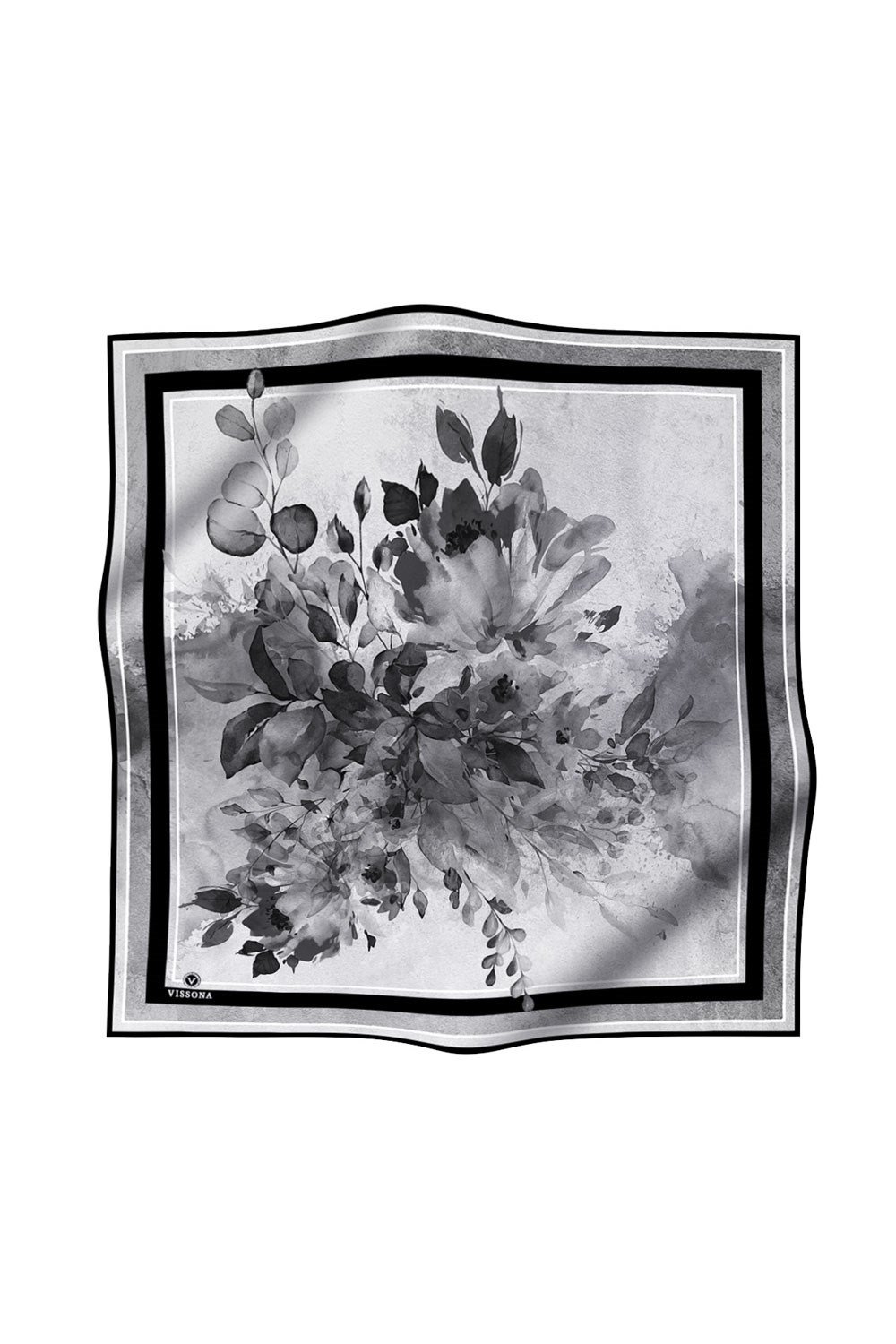 %100 Twill İpek Bahar Çiçekleri Desenli Siyah - Beyaz Renkli 90x90 Eşarp Dikim Şekli : El Dikişi