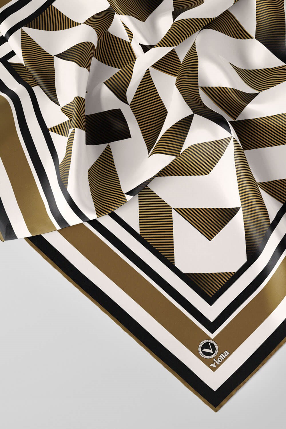 Twill Geometrik Desenli Hardal Renkli 90x90 Eşarp (İpek İçermez) Kenar Dikiş Şekli El Dikişli