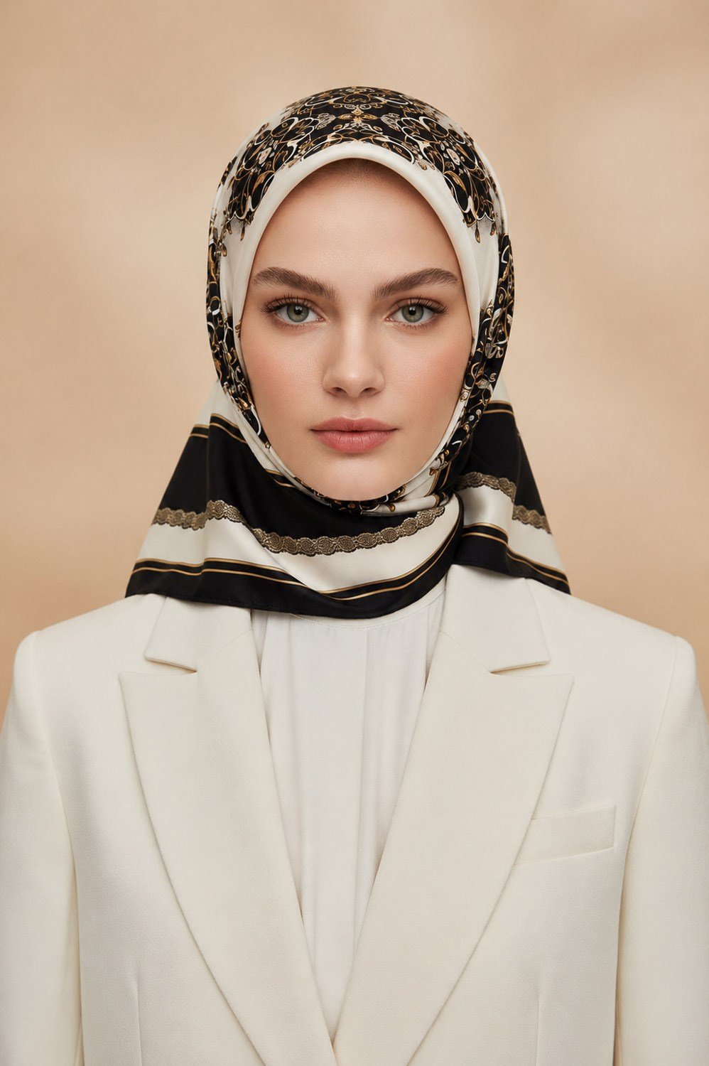 % 57 İPEK % 43 VİSKON Twill İpek Barok Desenli Siyah - Krem Renkli 90x90 Eşarp Dikim Şekli : El Dikişi