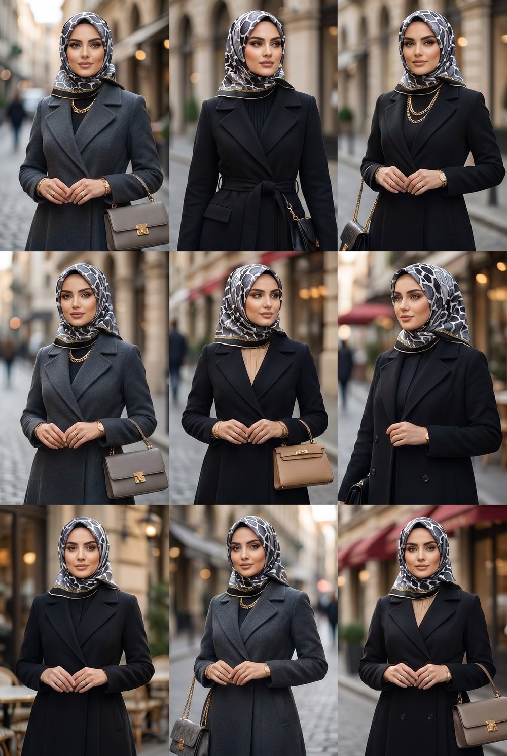 %100 Twill İpek Zürafa Desenli Siyah - Gri Renkli 90x90 Eşarp Dikim Şekli : El Dikişi