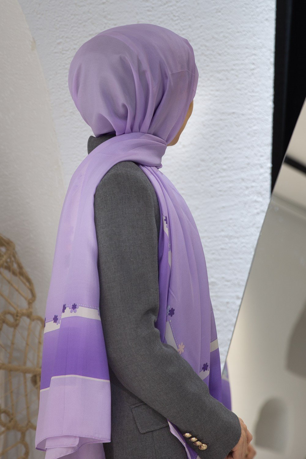 %100 İpek Çiçek Desenli Lila Renkli 92x210 Şal