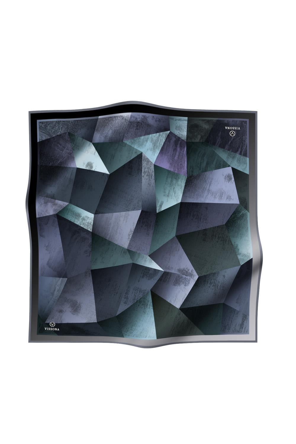 %100 Twill İpek Geometrik Desenli Cam Göbeği - Gri Renkli 90x90 Eşarp Dikim Şekli : El Dikişi