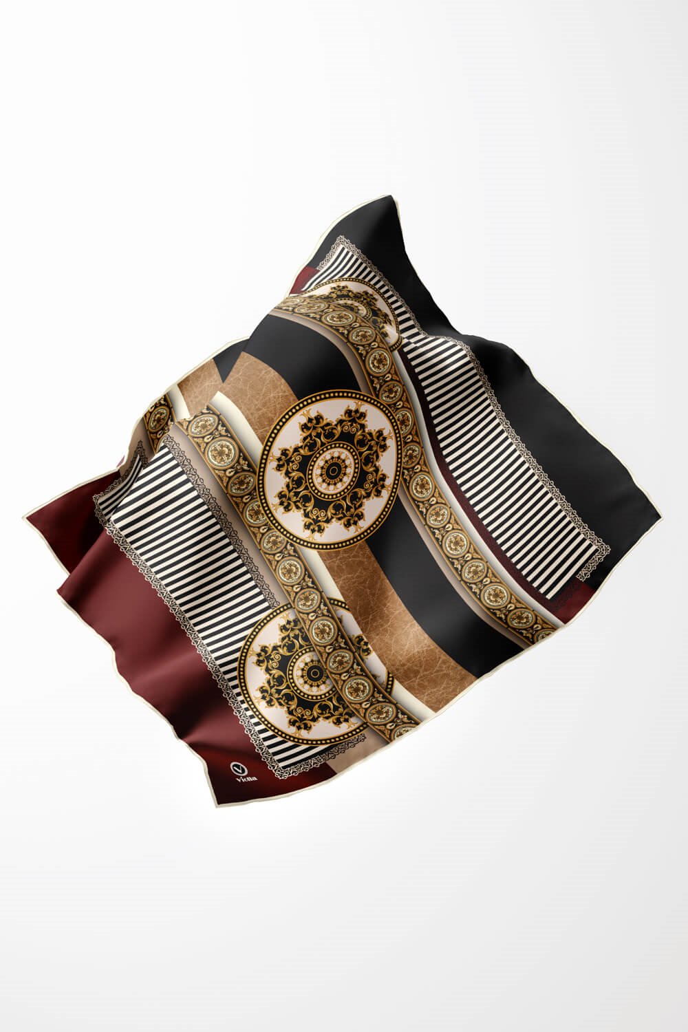 Twill Çizgili ve Barok Desenli Bordo Renkli 90x90 Eşarp (İpek İçermez) Kenar Dikiş Şekli El Dikişli