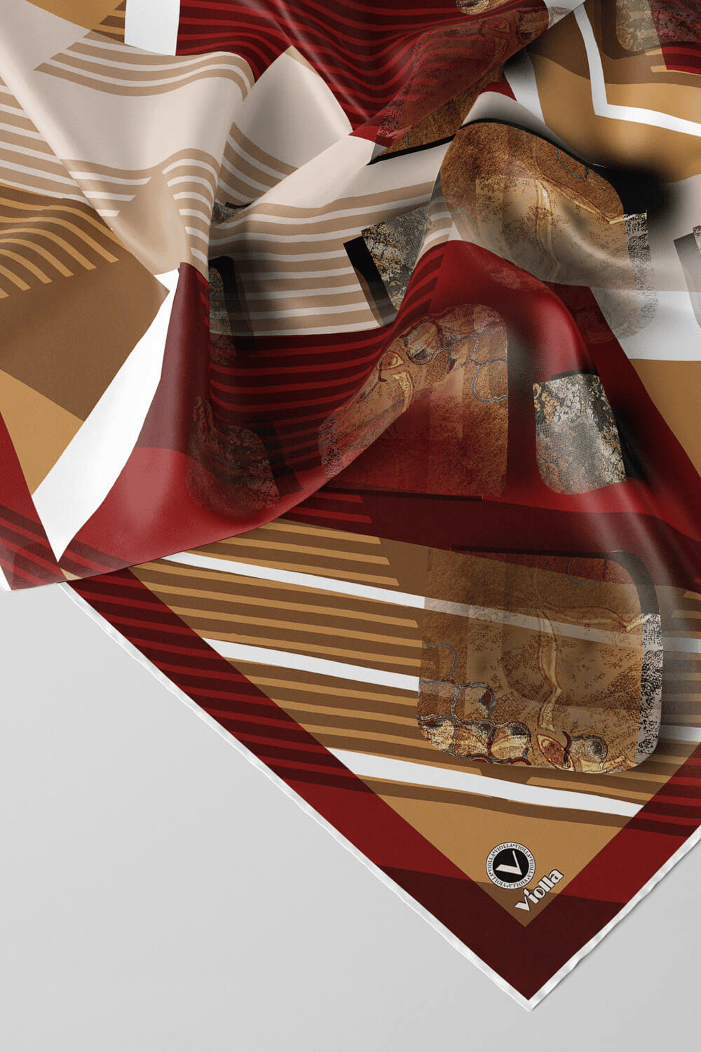 Twill Çizgili ve Geometrik Desenli Bordo Renkli 90x90 Eşarp (İpek İçermez) Kenar Dikiş Şekli El Dikişli