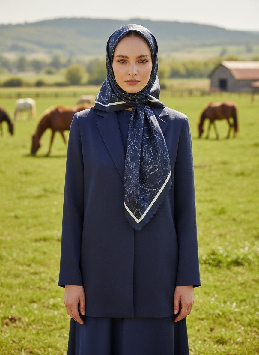 %100 Twill İpek Mermer Desenli Lacivert Renkli 90x90 Eşarp Dikim Şekli : El Dikişi