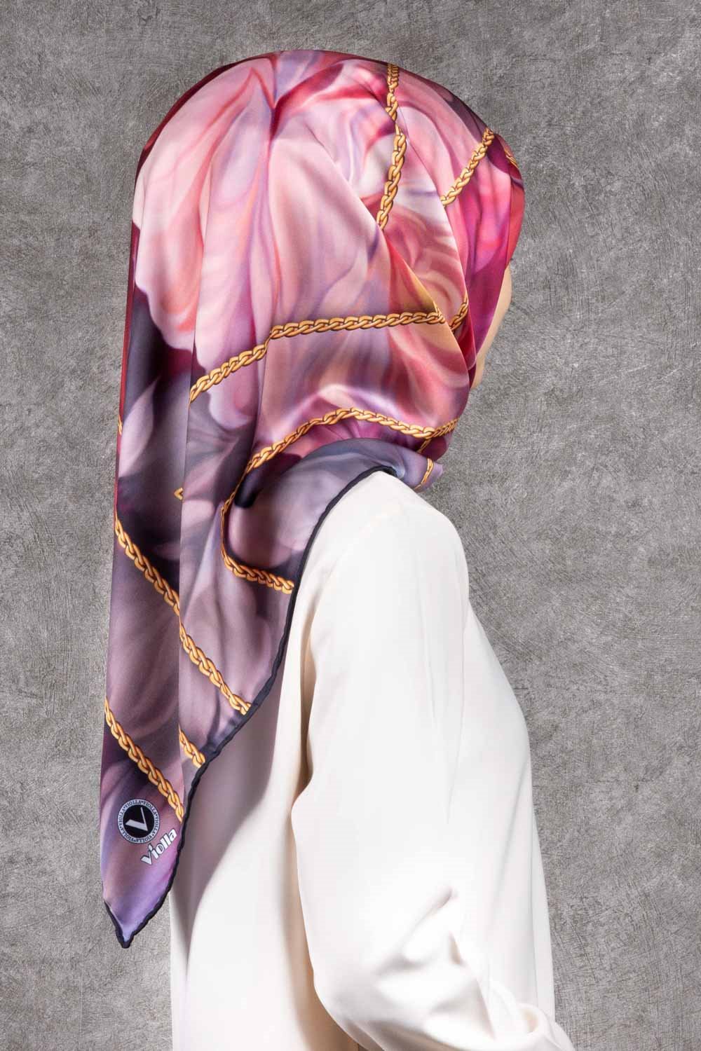 Twill Gül Desenli Pudra - Bebe Mavisi Renkli 90x90 Eşarp (İpek İçermez) Kenar Dikiş Şekli El Dikişli