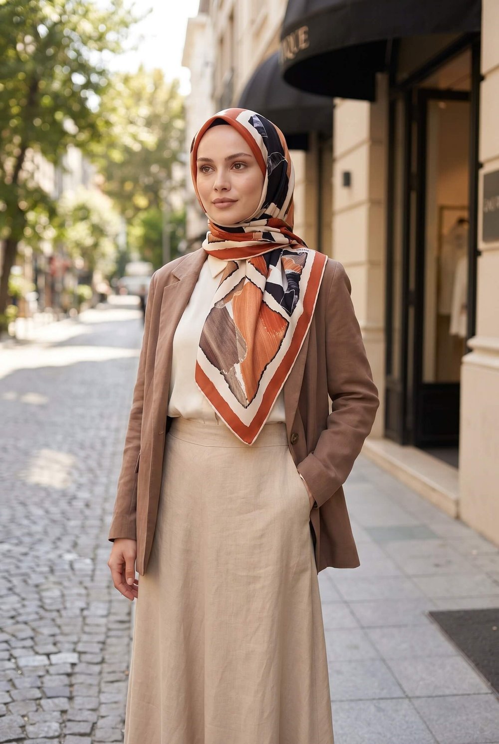%100 Twill İpek Geometrik Desenli Taba - Bej Renkli 90x90 Eşarp Dikim Şekli : El Dikişi
