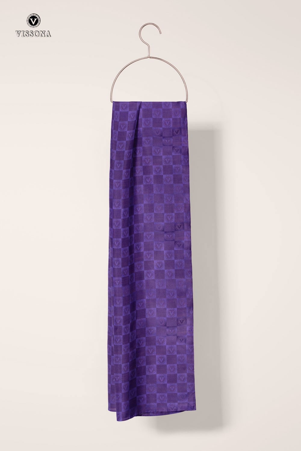 Vissona %57 İPEK %43 PAMUK Monogram Desenli Mor Renkli Şal -  70x190 Dikiş Tipi İtalyan Dikişli