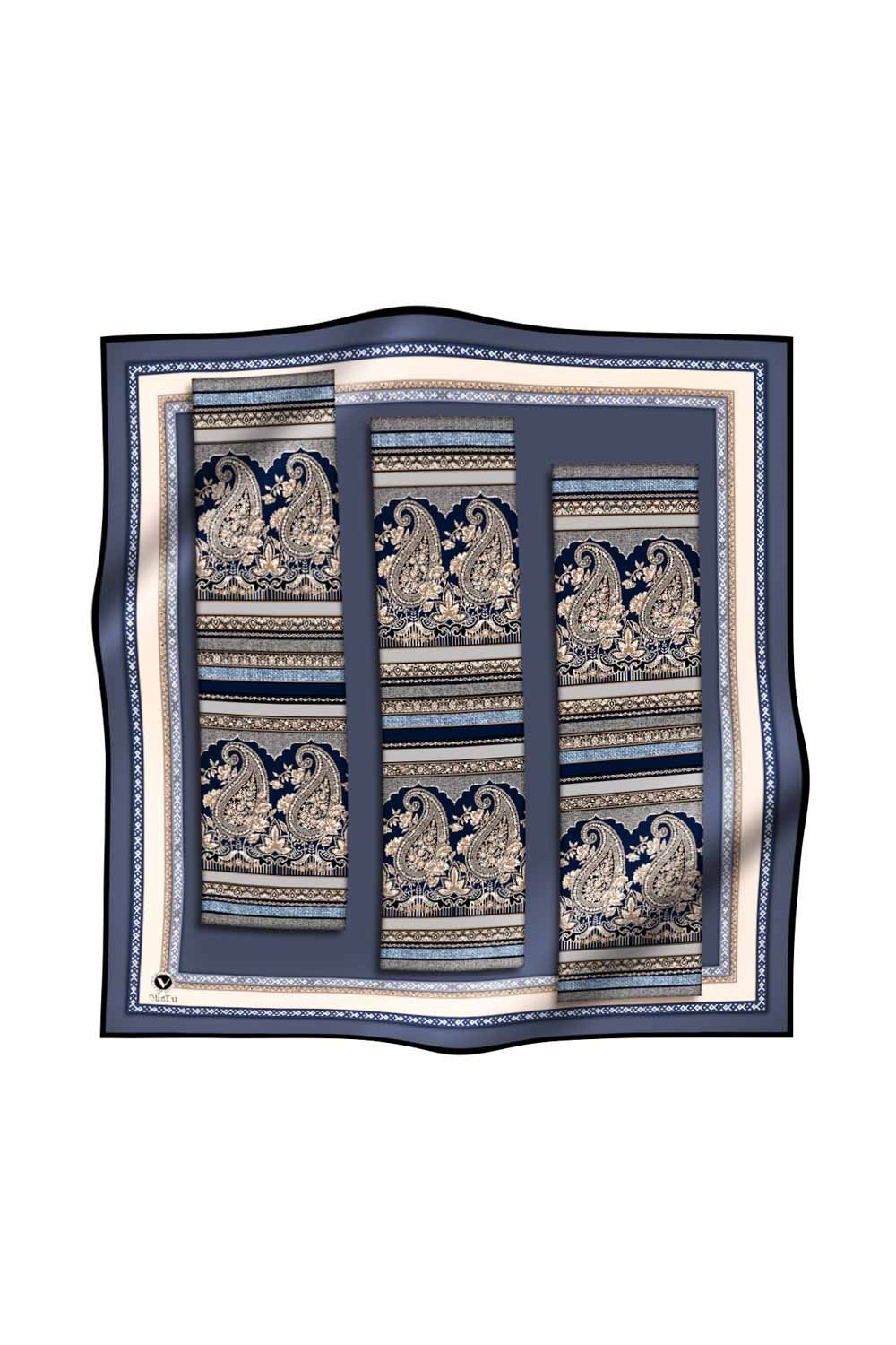 Twill Şal Desenli İndigo - Gri Renkli 90x90 Eşarp (İpek İçermez) Kenar Dikiş Şekli El Dikişli