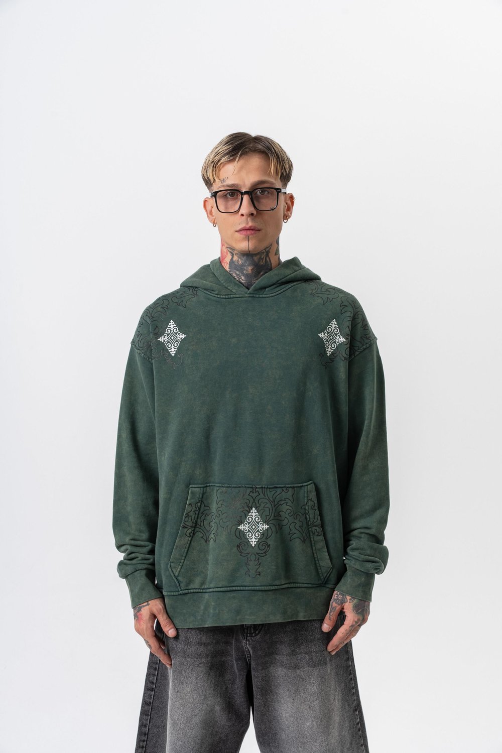 Erkek 10 Baskılı Yıkamalı Kapüşonlu Oversize Hoodie Yeşil