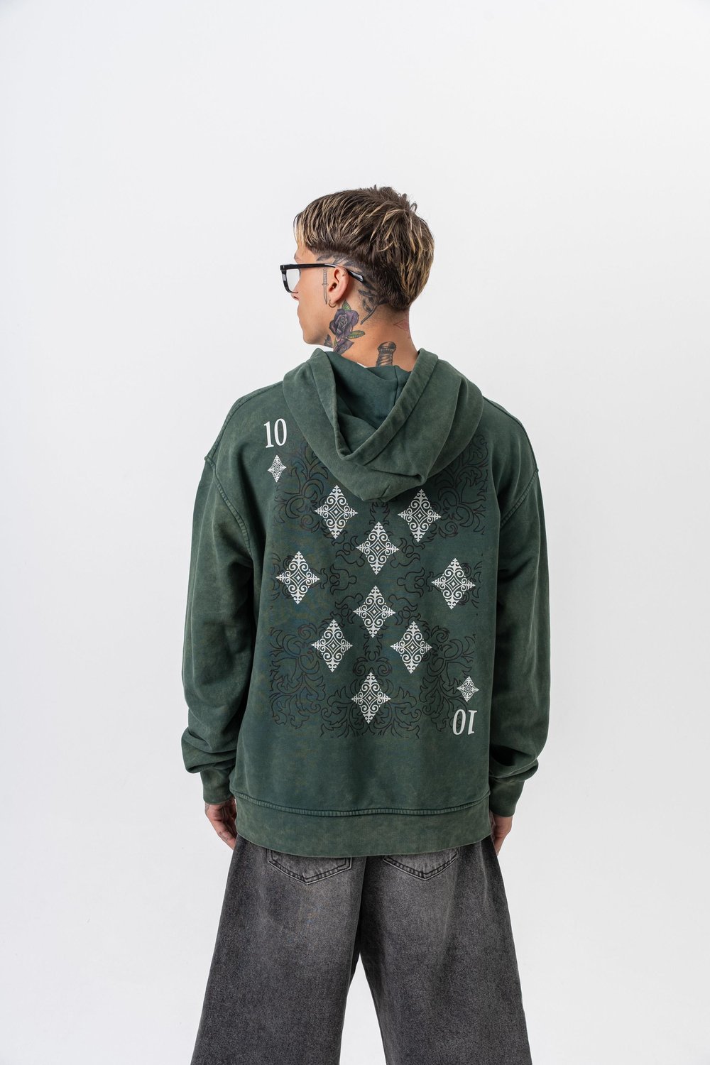 Erkek 10 Baskılı Yıkamalı Kapüşonlu Oversize Hoodie Yeşil
