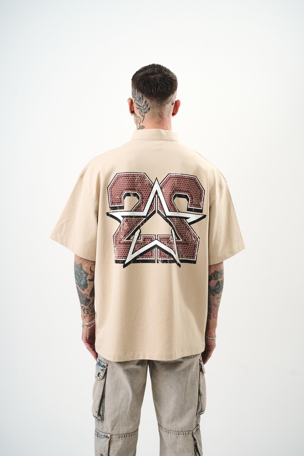 Erkek 22 Baskılı Yarım Fermuarlı Oversize T-Shirt Bej