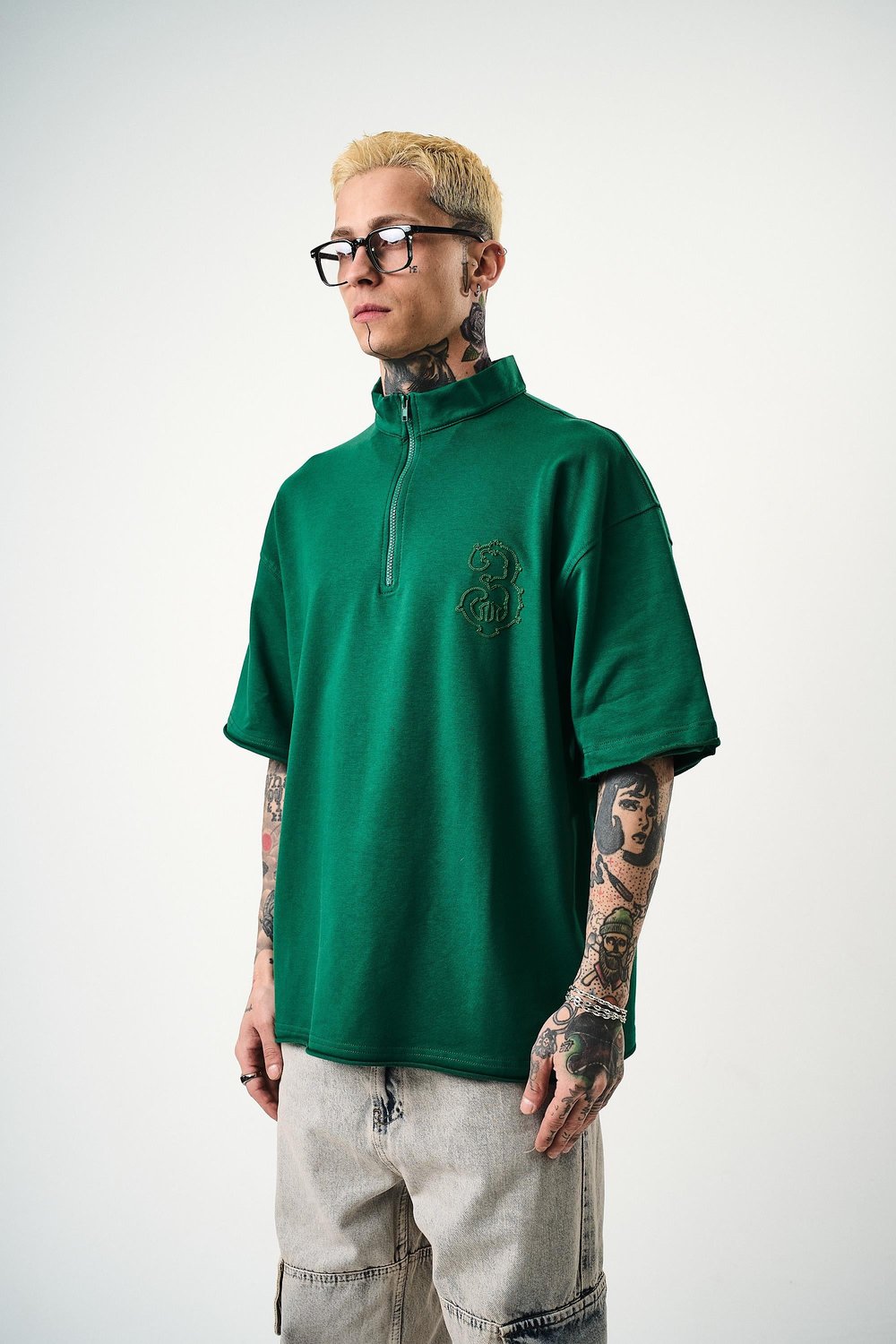 Erkek 3 Nakışlı Yarım Fermuarlı Oversize T-Shirt Nefti