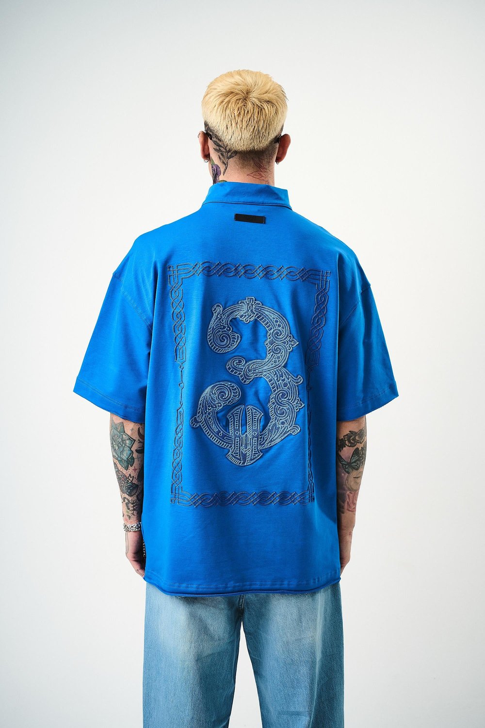 Erkek 3 Nakışlı Yarım Fermuarlı Oversize T-Shirt Mavi