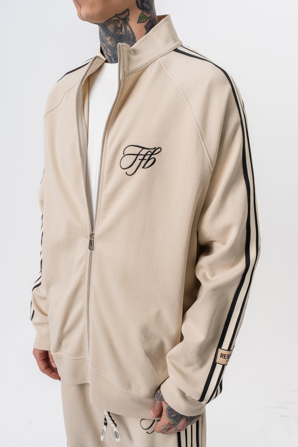 Erkek 3lü Şerit Detaylı Dik Yaka Doubleface Zip Oversize Sweatshirt Bej