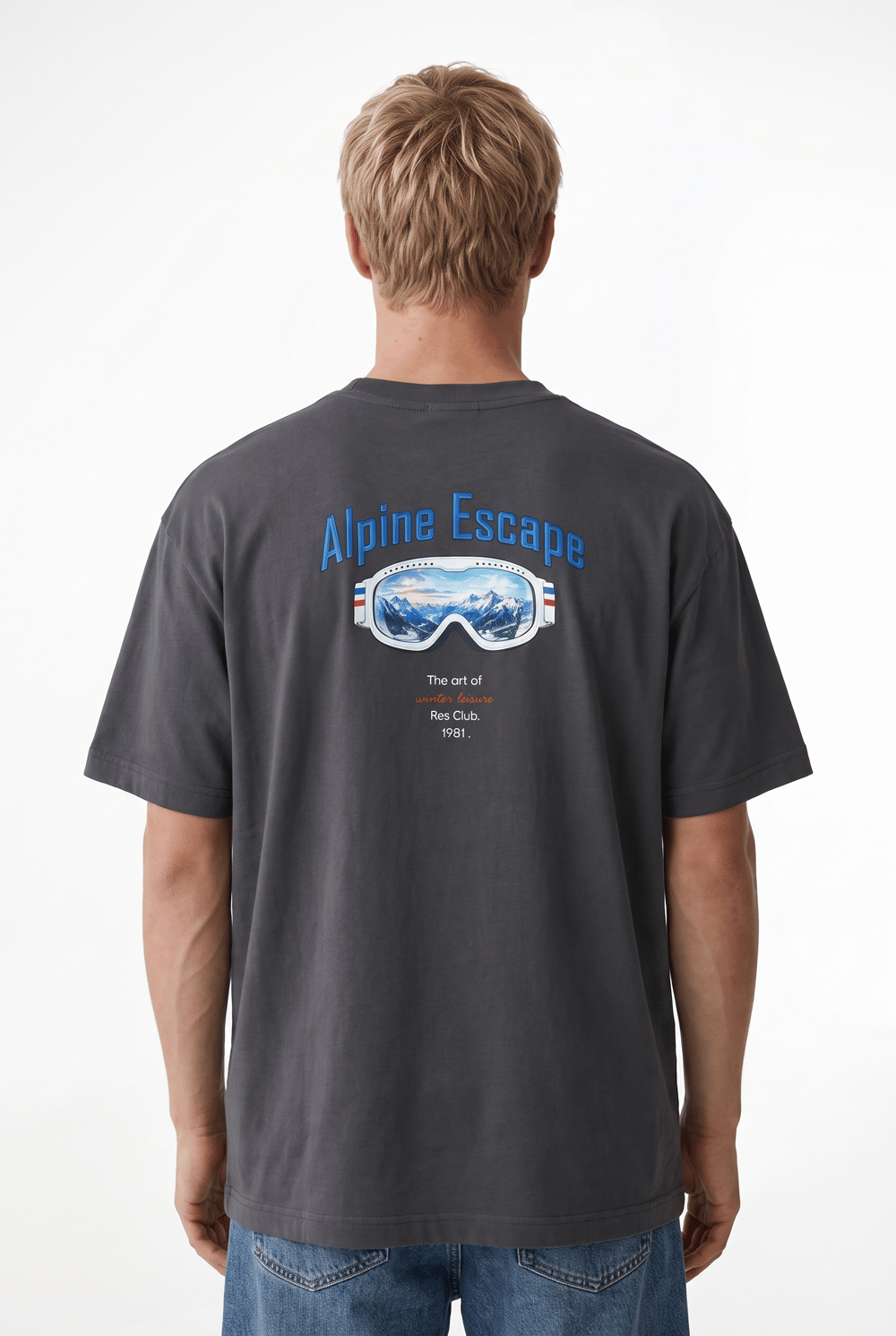 Erkek Alpine Nakışlı Oversize T-Shirt Füme