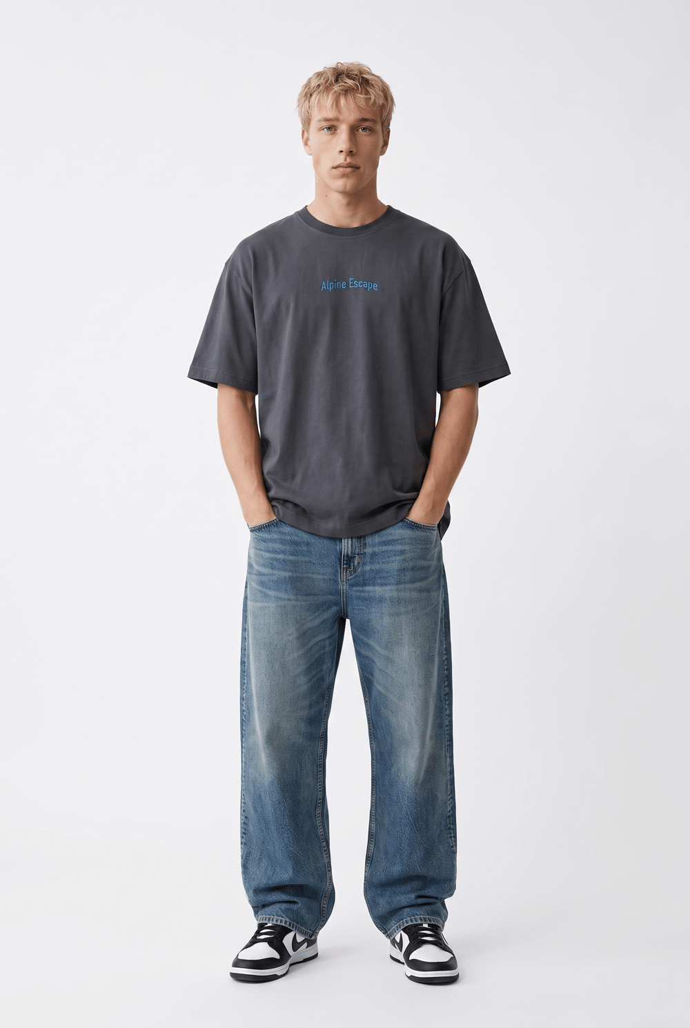 Erkek Alpine Nakışlı Oversize T-Shirt Füme