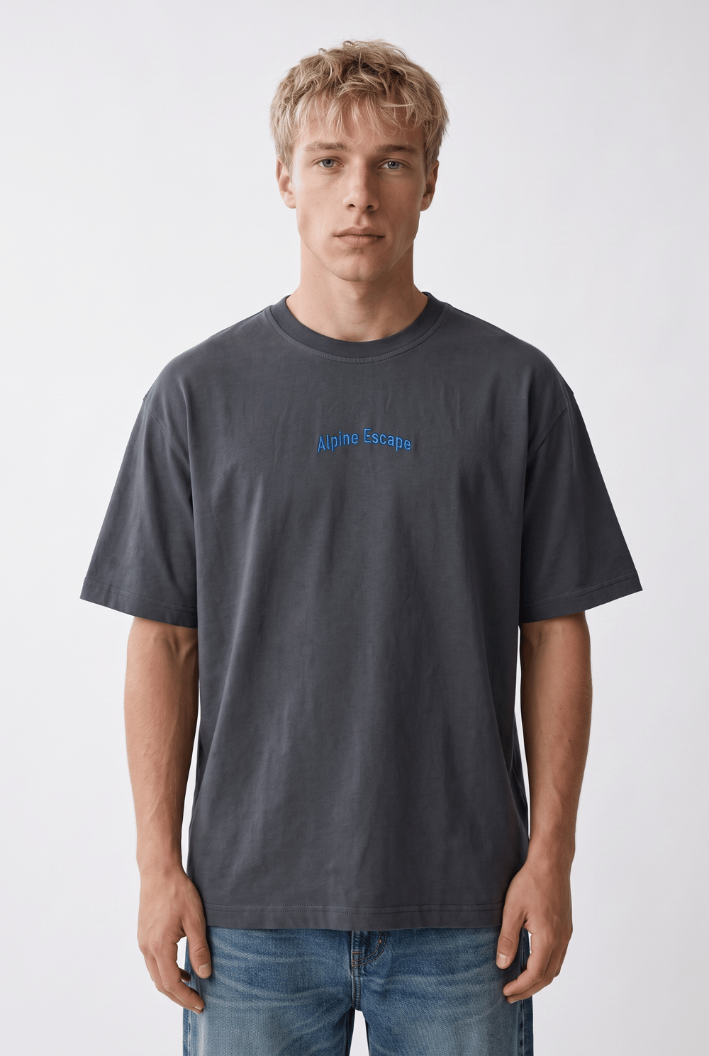 Erkek Alpine Nakışlı Oversize T-Shirt Füme