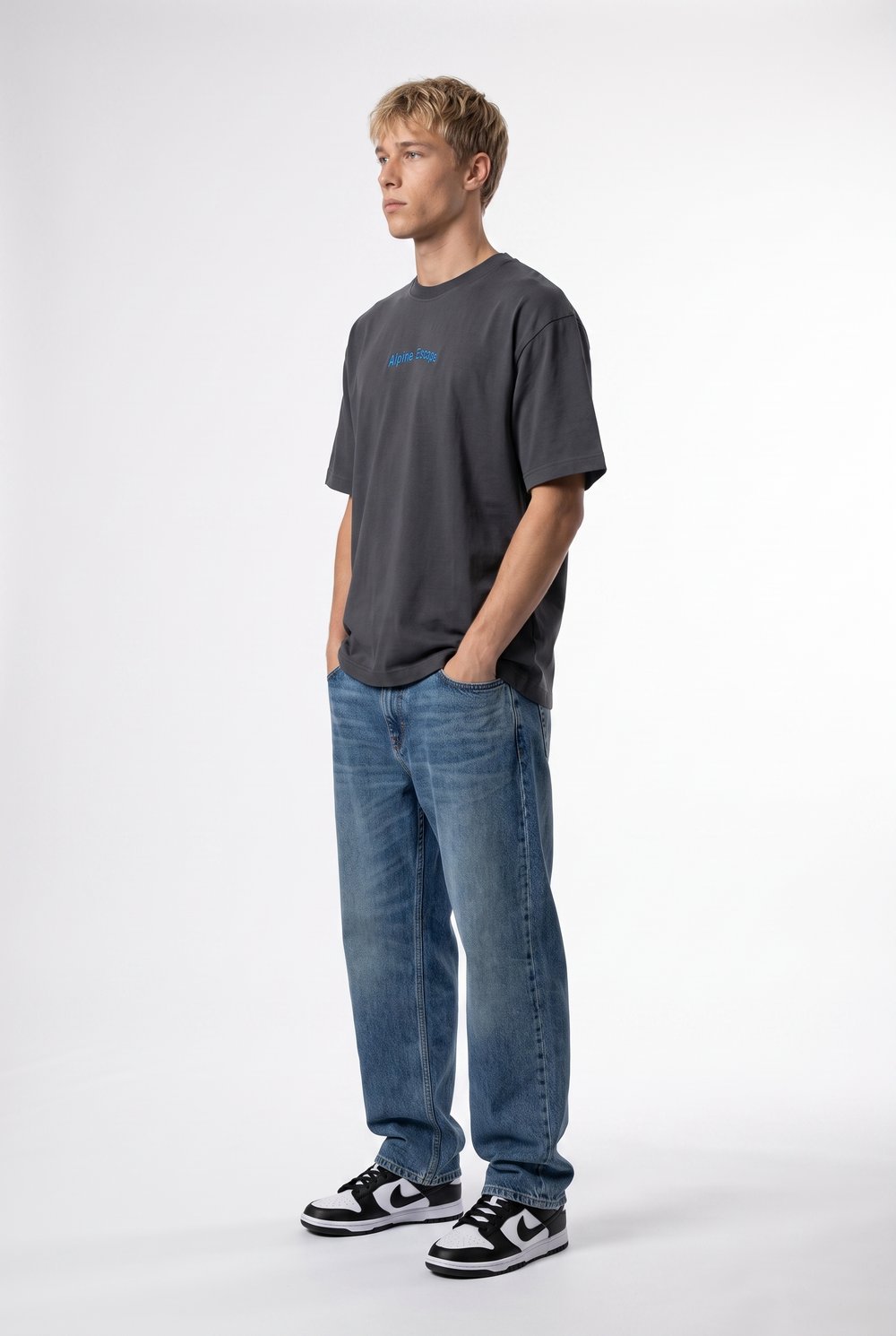 Erkek Alpine Nakışlı Oversize T-Shirt Füme