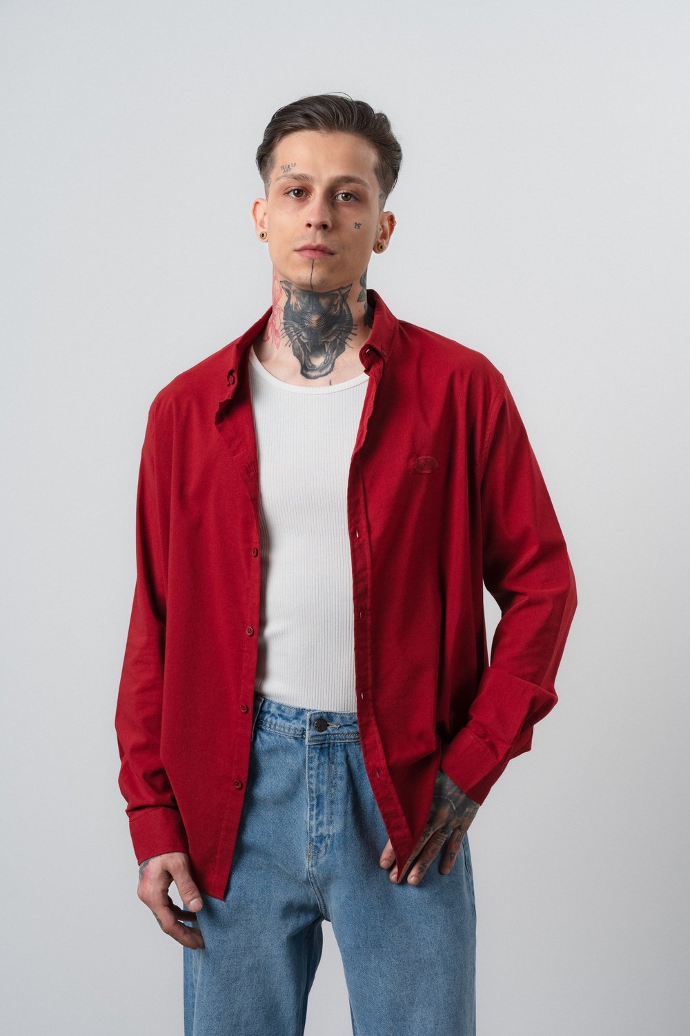 Erkek Arma Nakışlı Uzun Kollu Oversize Gömlek Bordo