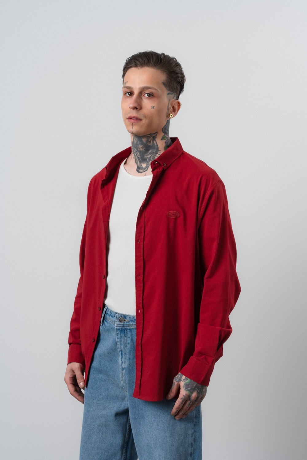 Erkek Arma Nakışlı Uzun Kollu Oversize Gömlek Bordo