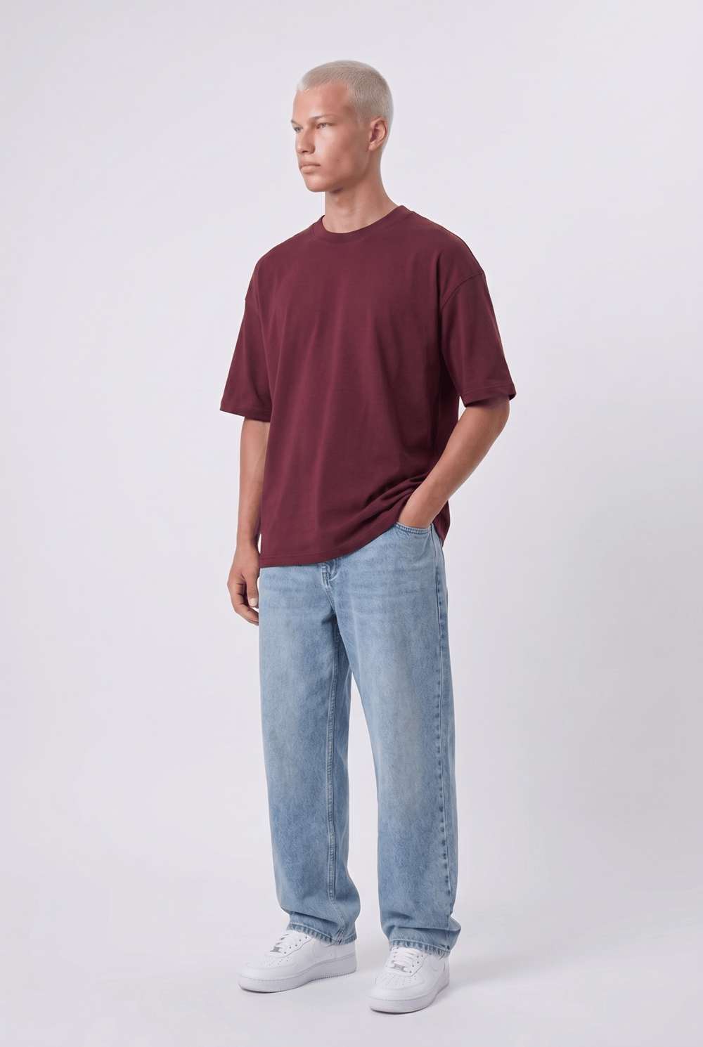 Erkek Basic Oversize T-Shirt Bordo