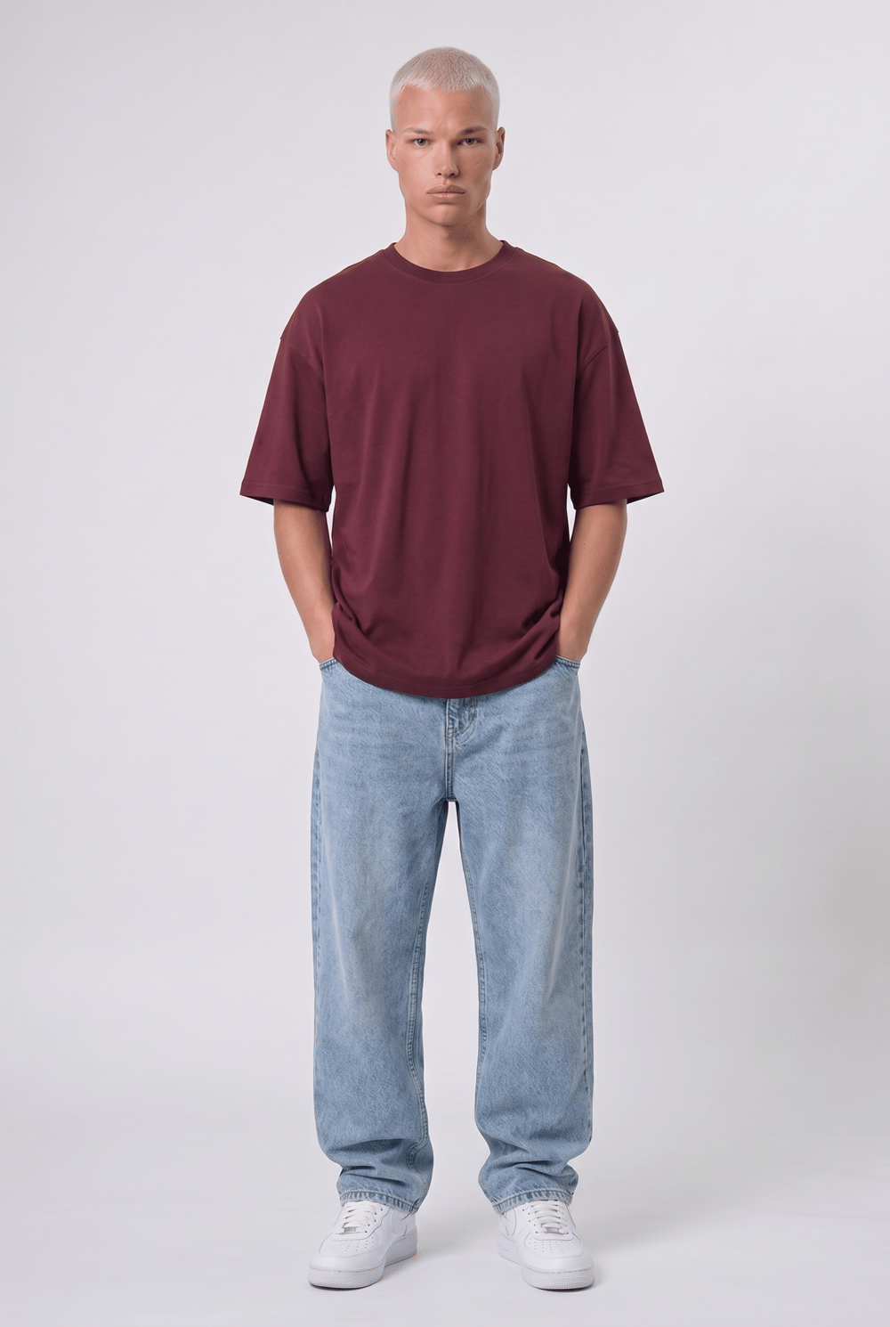 Erkek Basic Oversize T-Shirt Bordo