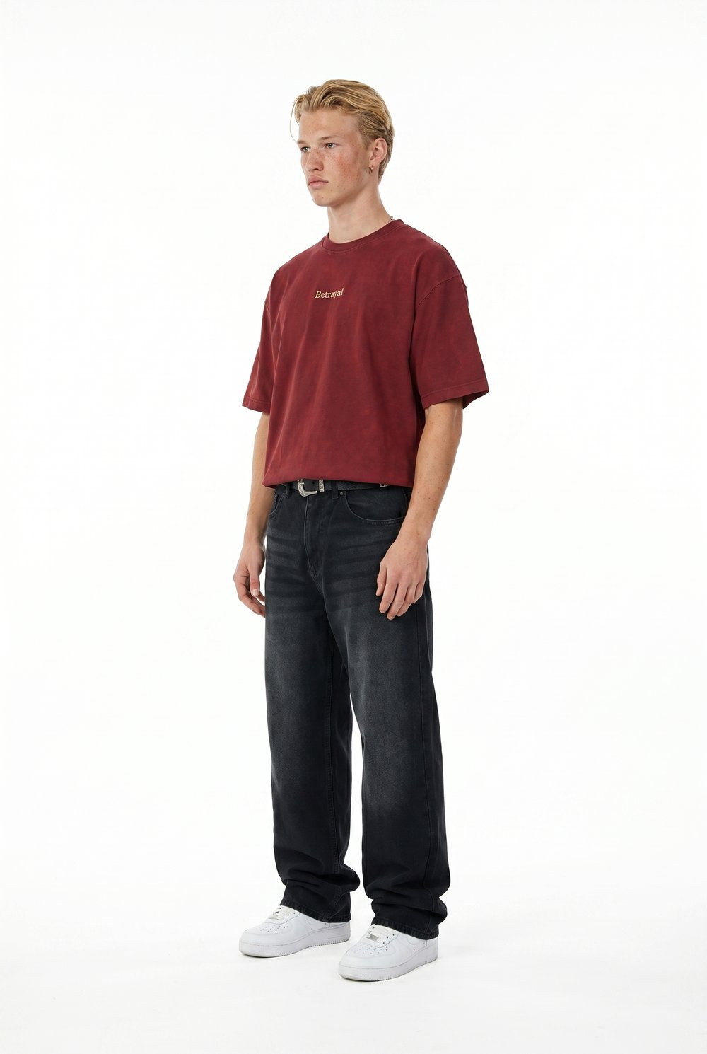 Erkek Betrayal Baskılı Yıkamalı Oversize T-Shirt Bordo