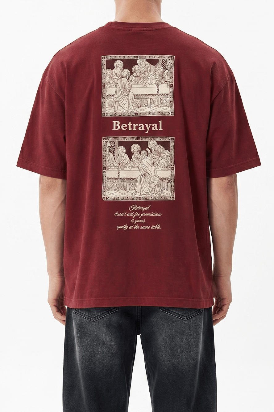 Erkek Betrayal Baskılı Yıkamalı Oversize T-Shirt Bordo