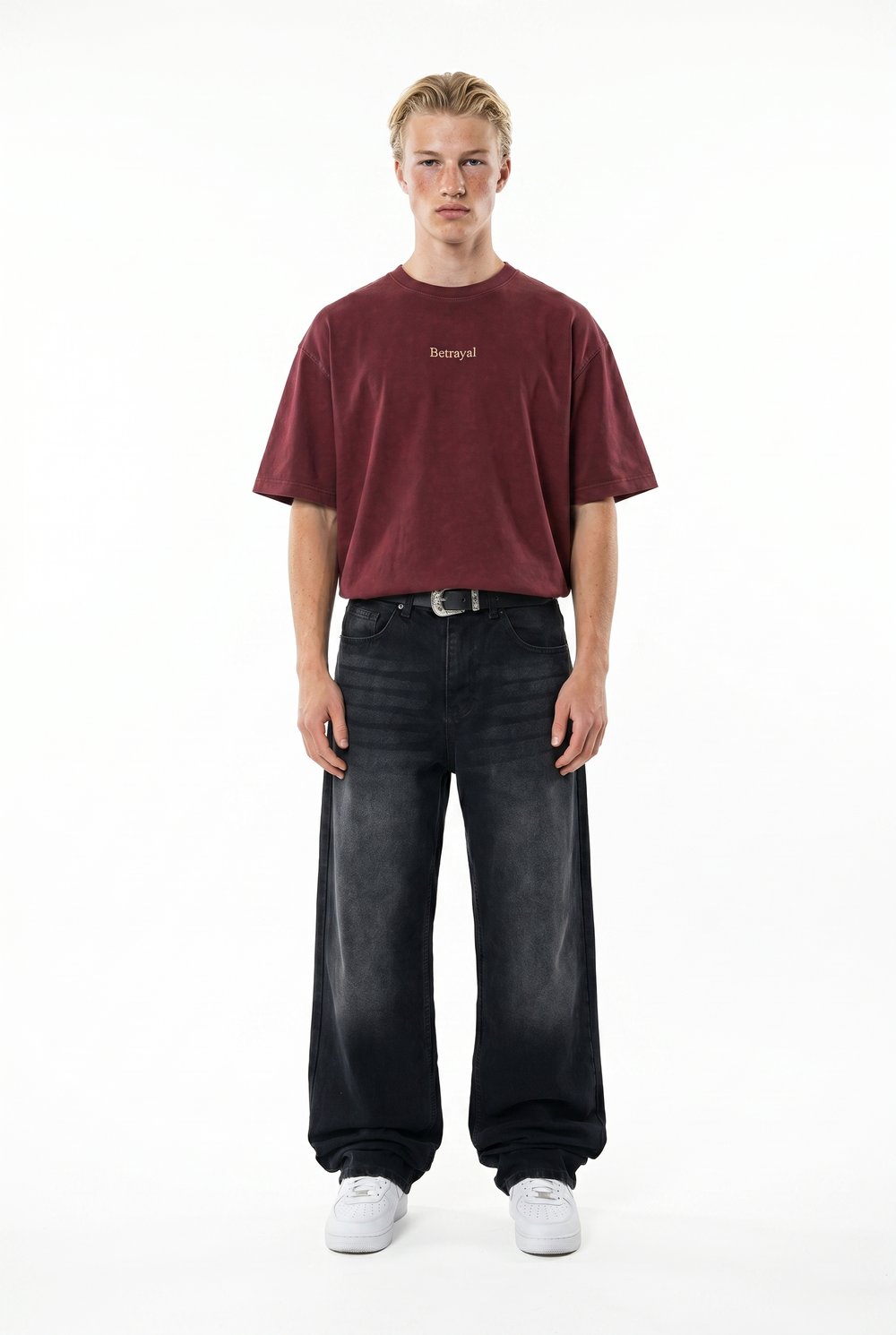 Erkek Betrayal Baskılı Yıkamalı Oversize T-Shirt Bordo