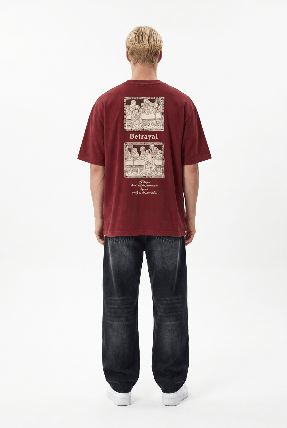 Erkek Betrayal Baskılı Yıkamalı Oversize T-Shirt Bordo