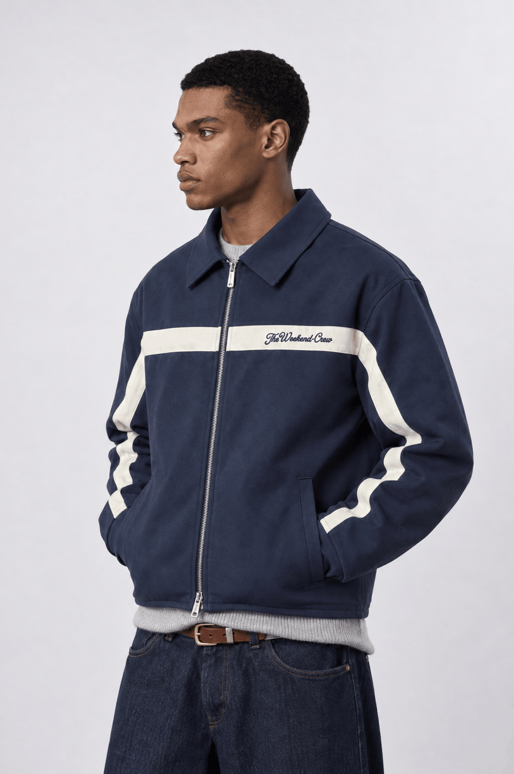 Erkek Crew Nakış Detaylı Oversize Ceket Lacivert