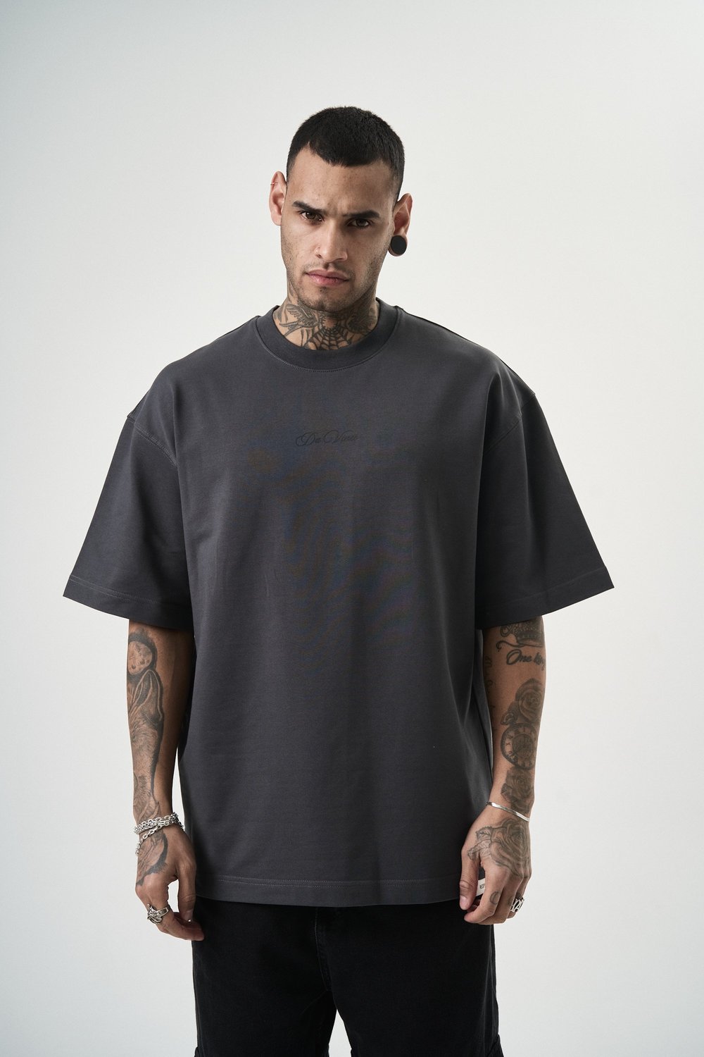 Erkek Da Vinci Baskılı Oversize T-Shirt Füme
