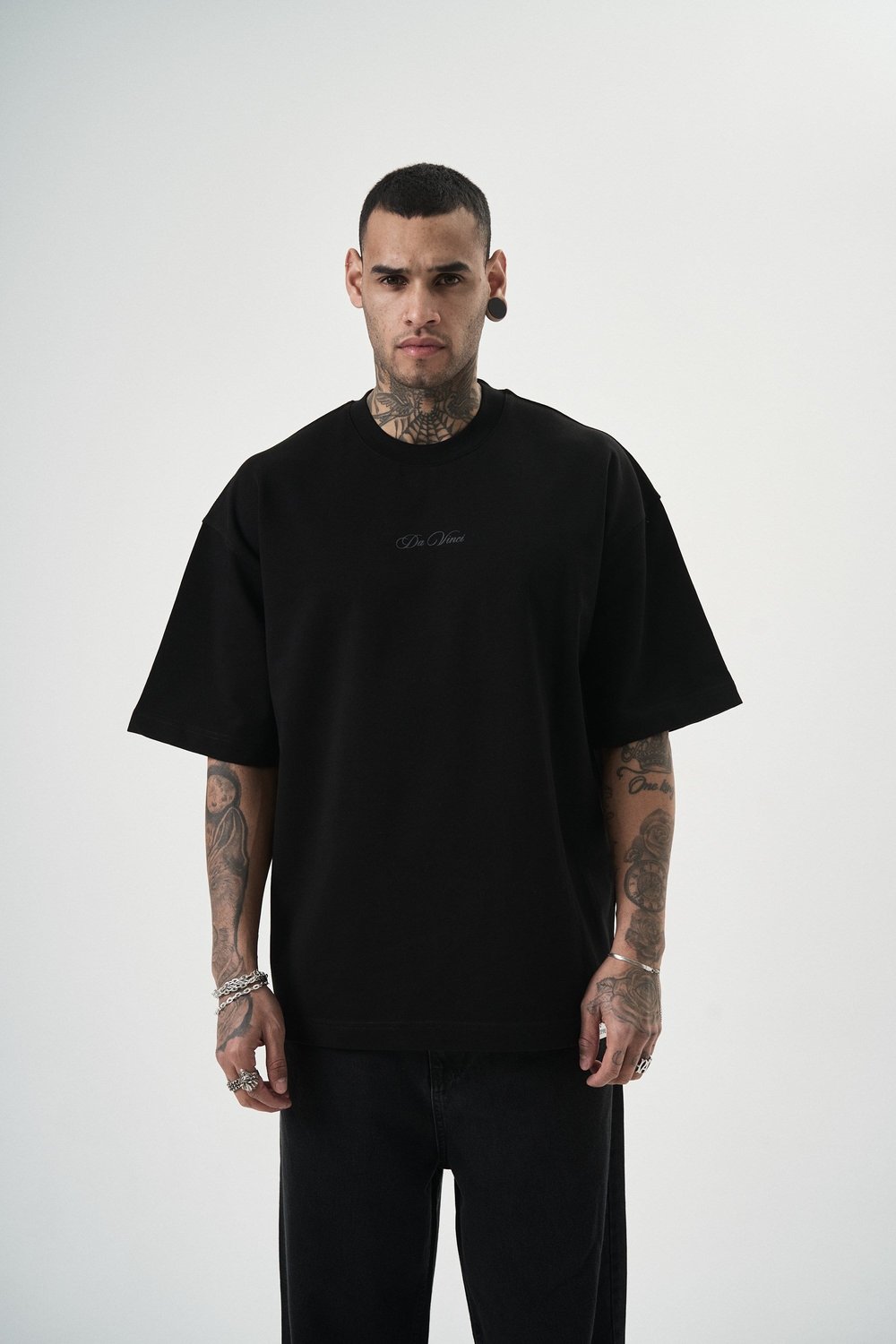 Erkek Da Vinci Baskılı Oversize T-Shirt Siyah