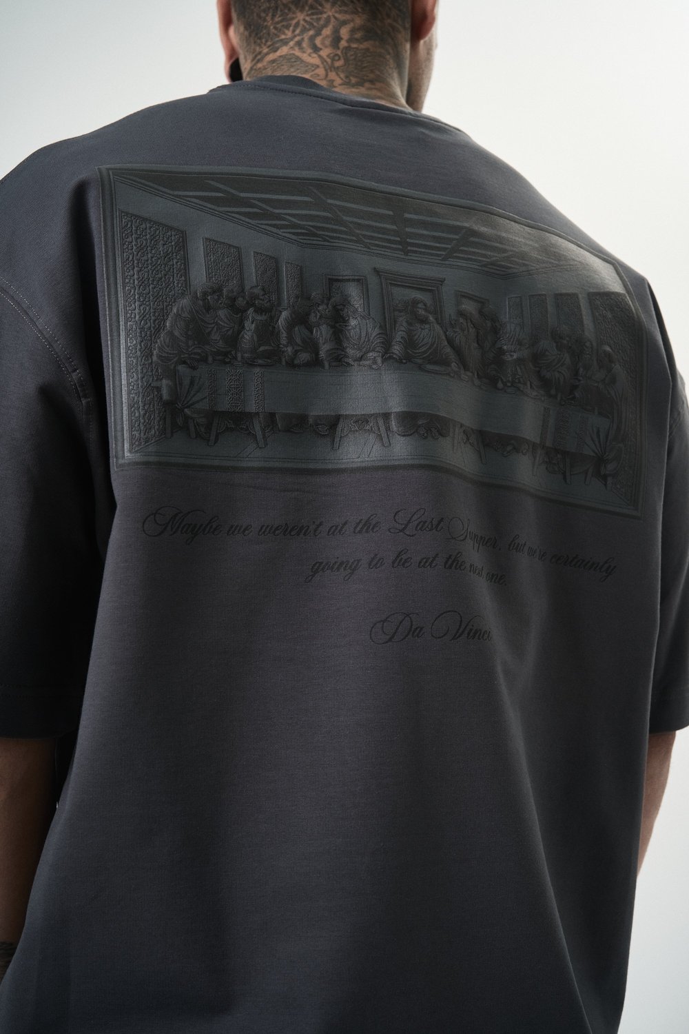 Erkek Da Vinci Baskılı Oversize T-Shirt Füme