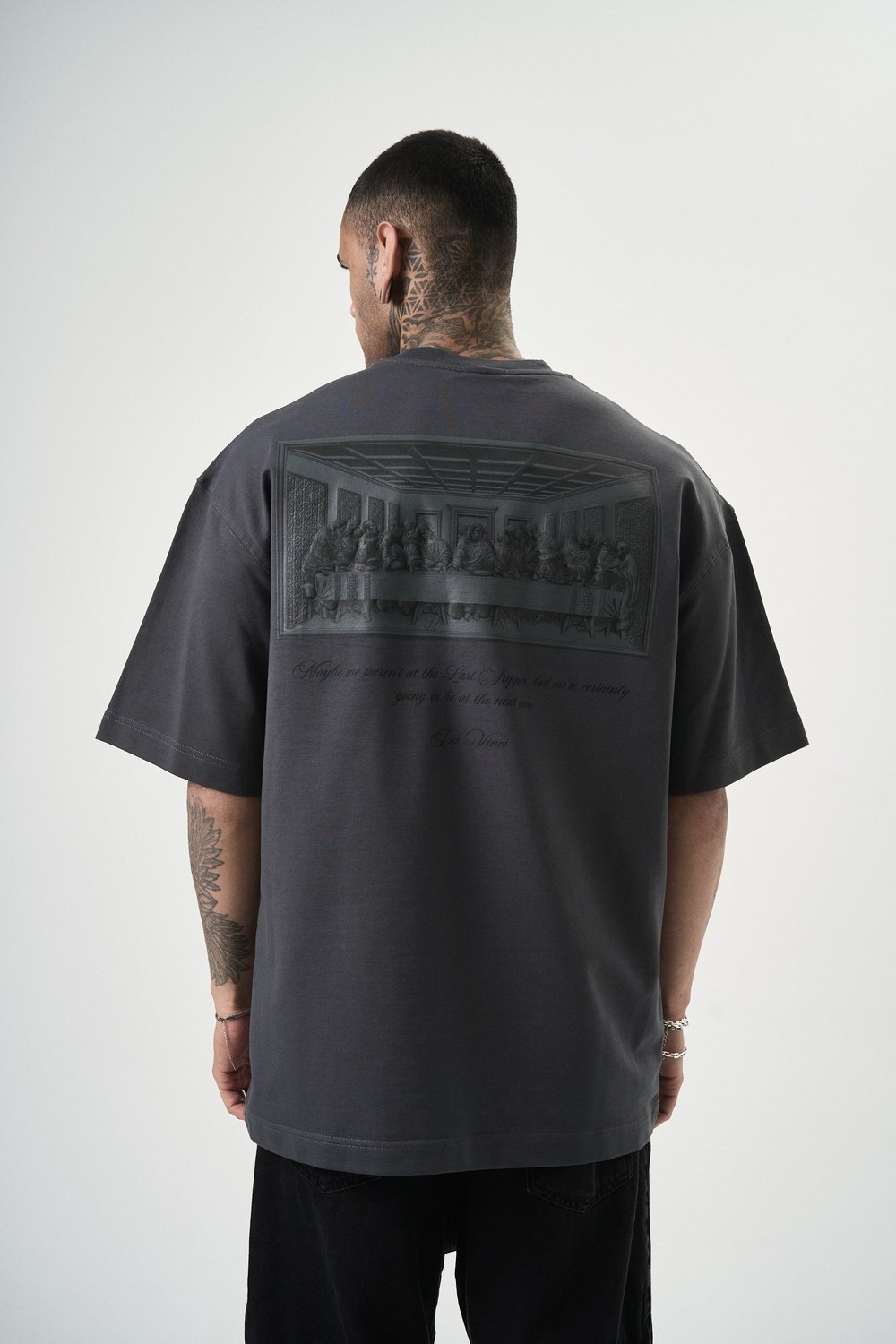 Erkek Da Vinci Baskılı Oversize T-Shirt Füme