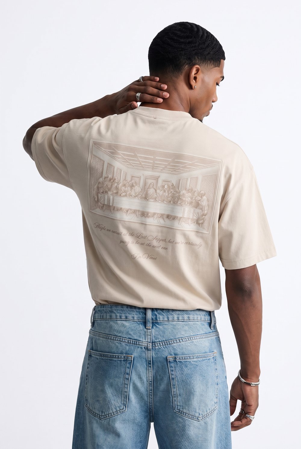 Erkek Da Vinci The Last Supper Baskılı Oversize T-Shirt Bej