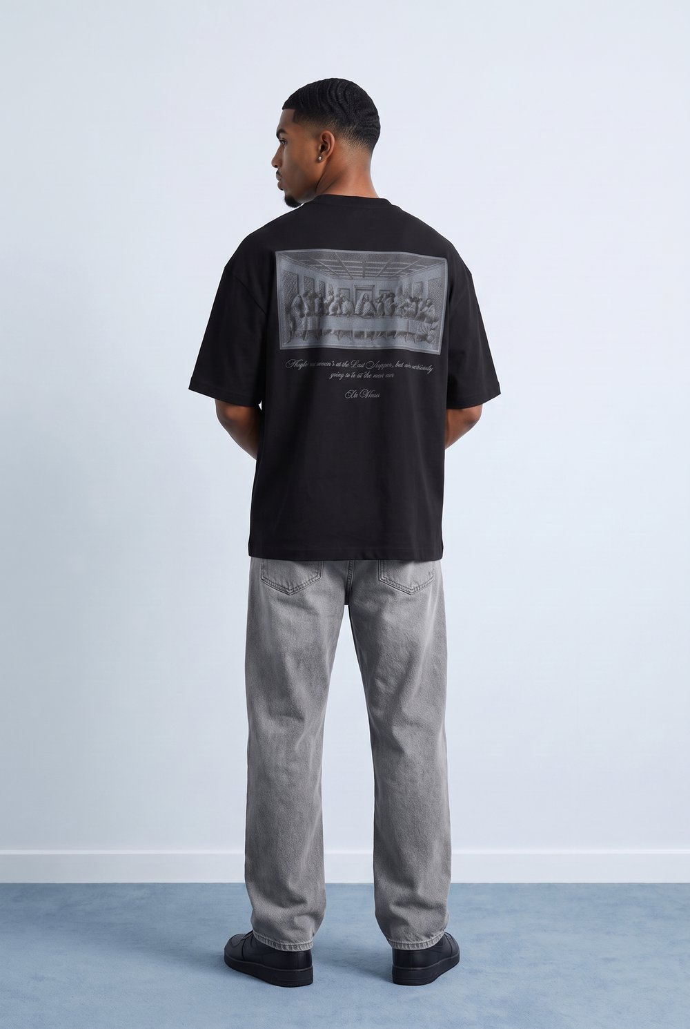 Erkek Da Vinci The Last Supper Baskılı Oversize T-Shirt Siyah