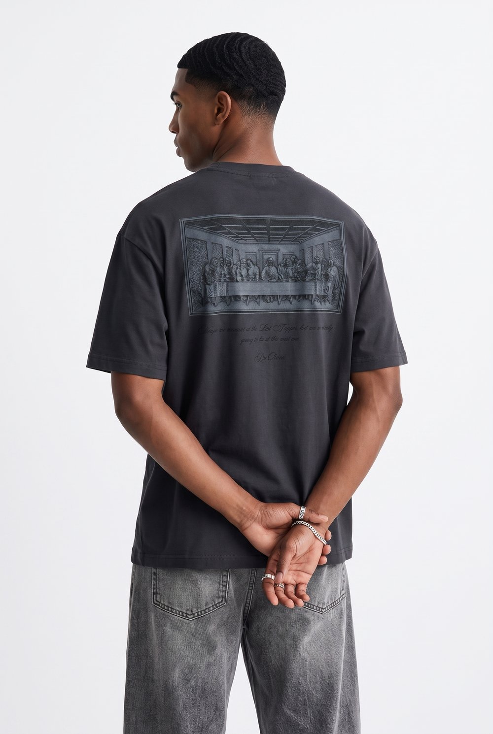 Erkek Da Vinci The Last Supper Baskılı Oversize T-Shirt Füme