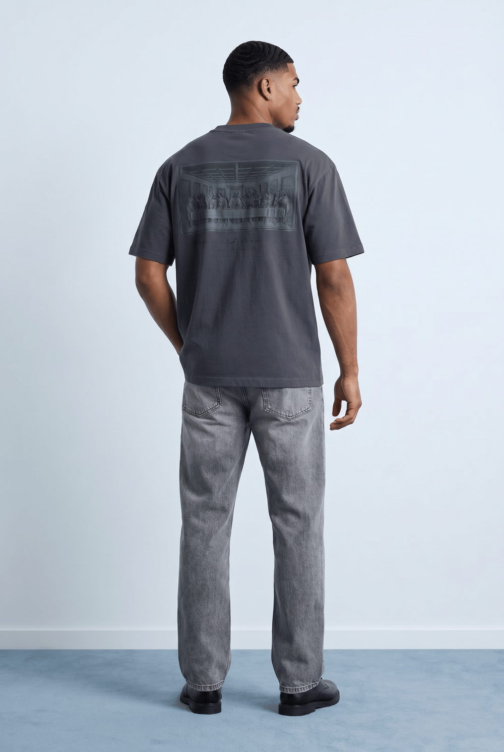 Erkek Da Vinci The Last Supper Baskılı Oversize T-Shirt Füme