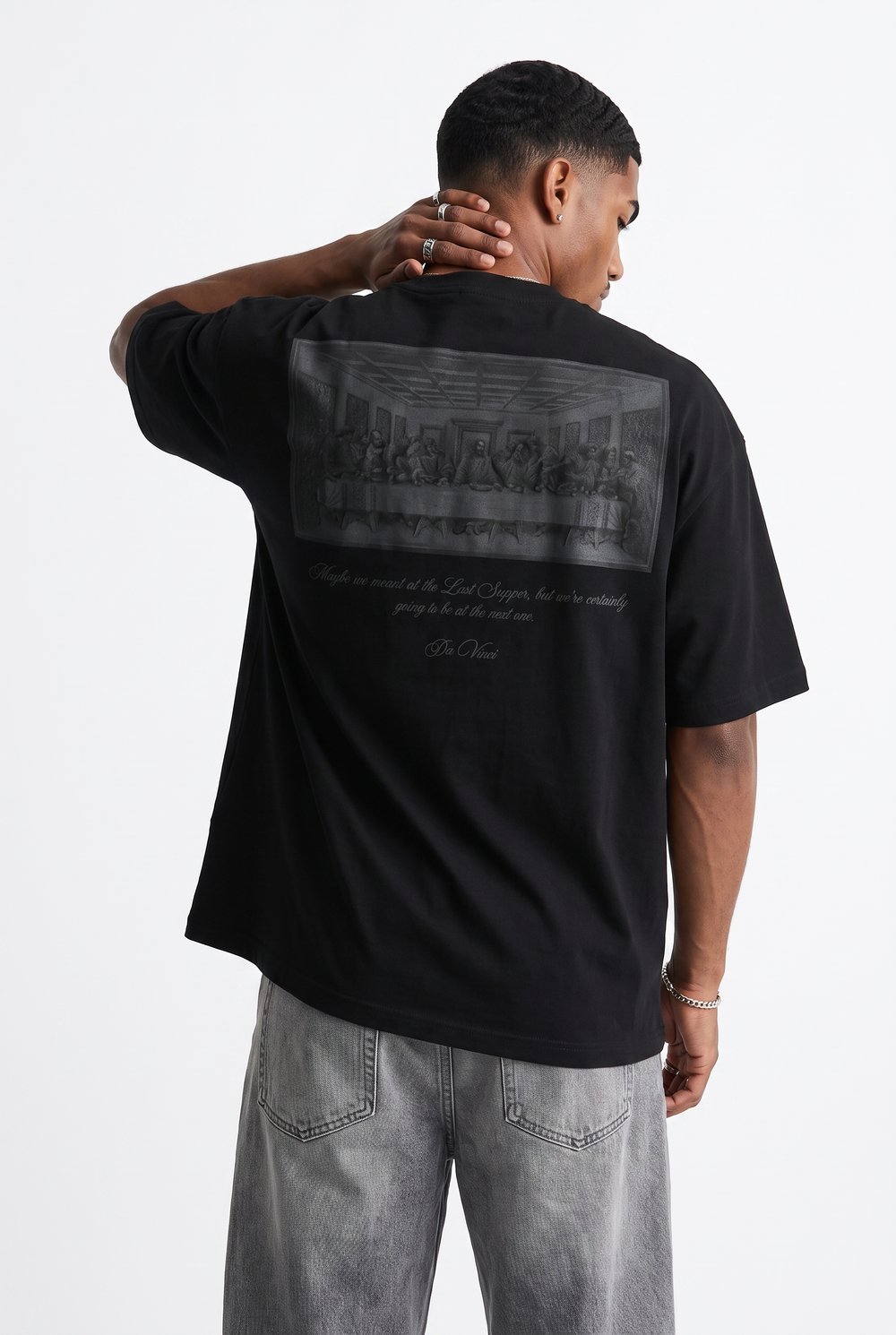 Erkek Da Vinci The Last Supper Baskılı Oversize T-Shirt Siyah