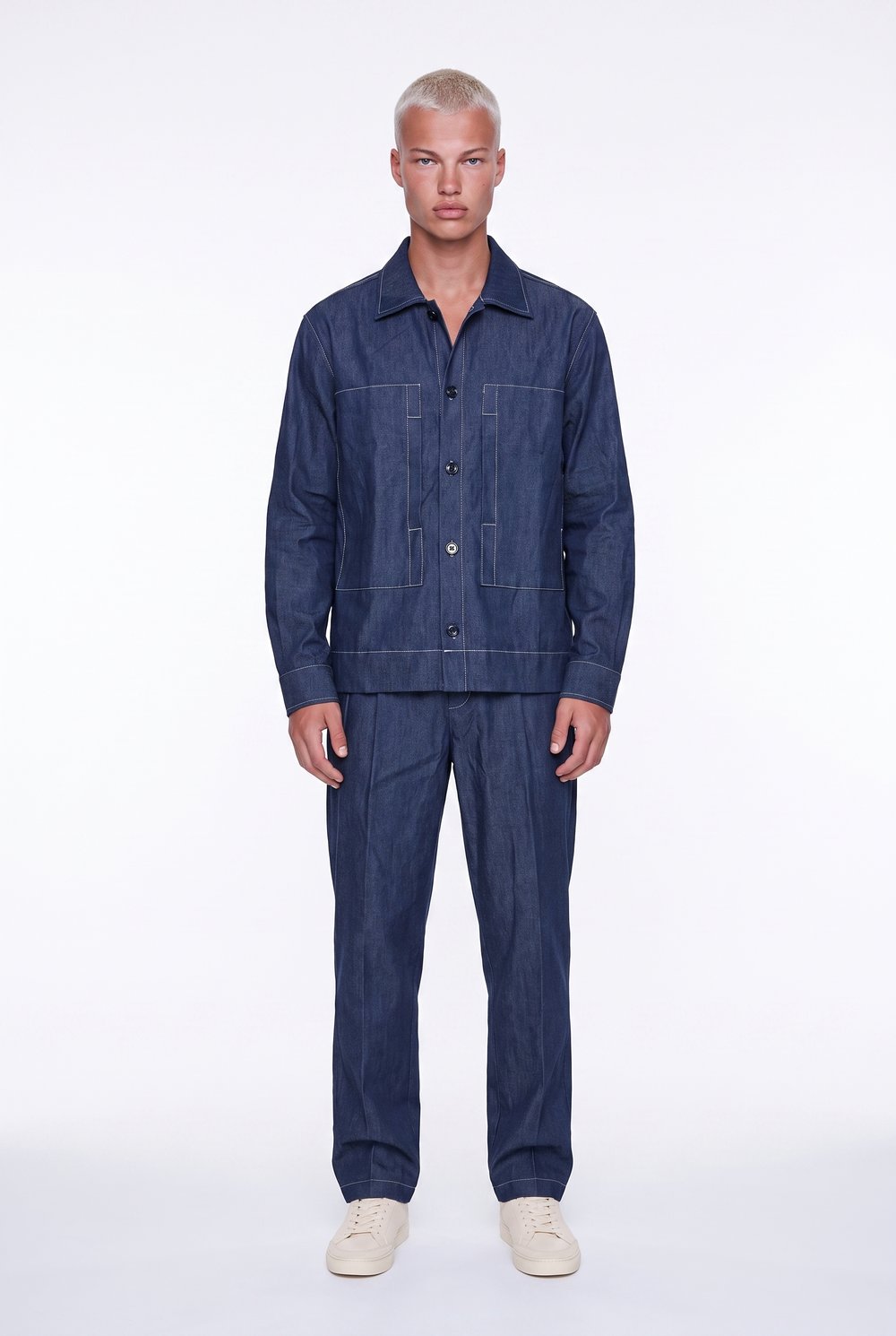 Erkek Dikiş Detaylı Denim Takım Lacivert