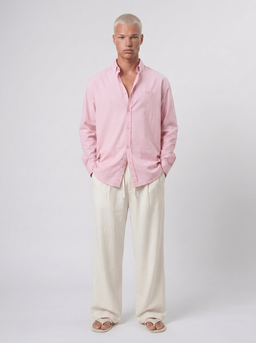 Erkek Dokulu Dolgun Oversize Gömlek Pembe