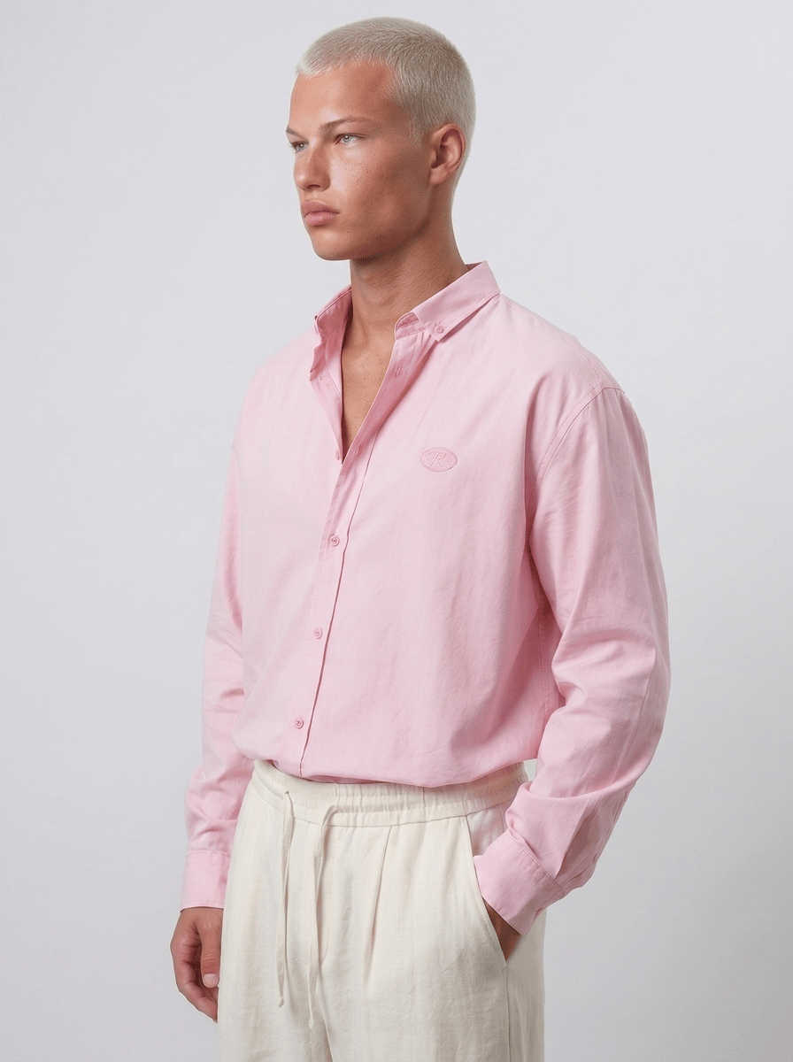 Erkek Dokulu Dolgun Oversize Gömlek Pembe