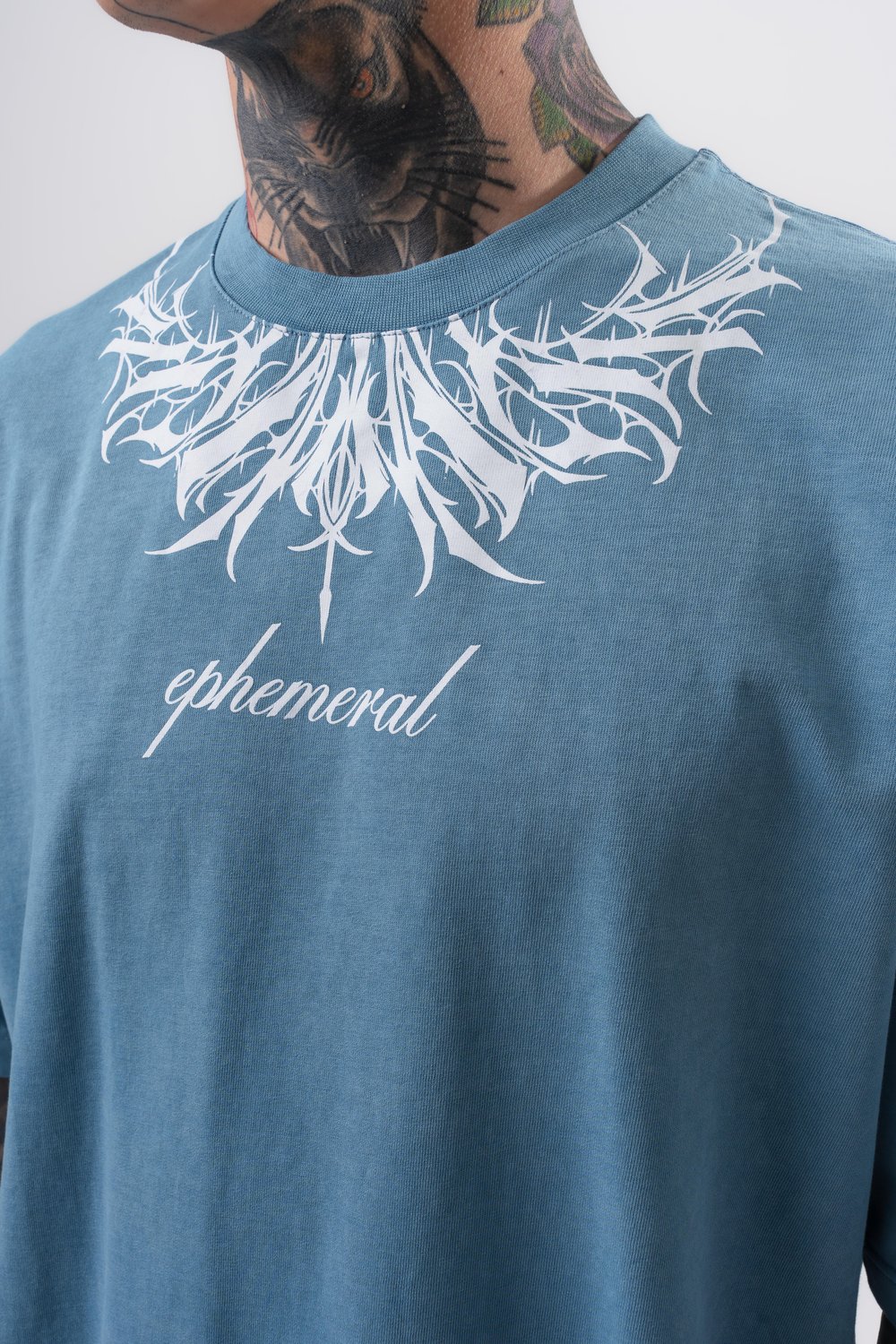 Erkek Ephemeral Baskılı Yıkamalı Oversize T-Shirt Mavi