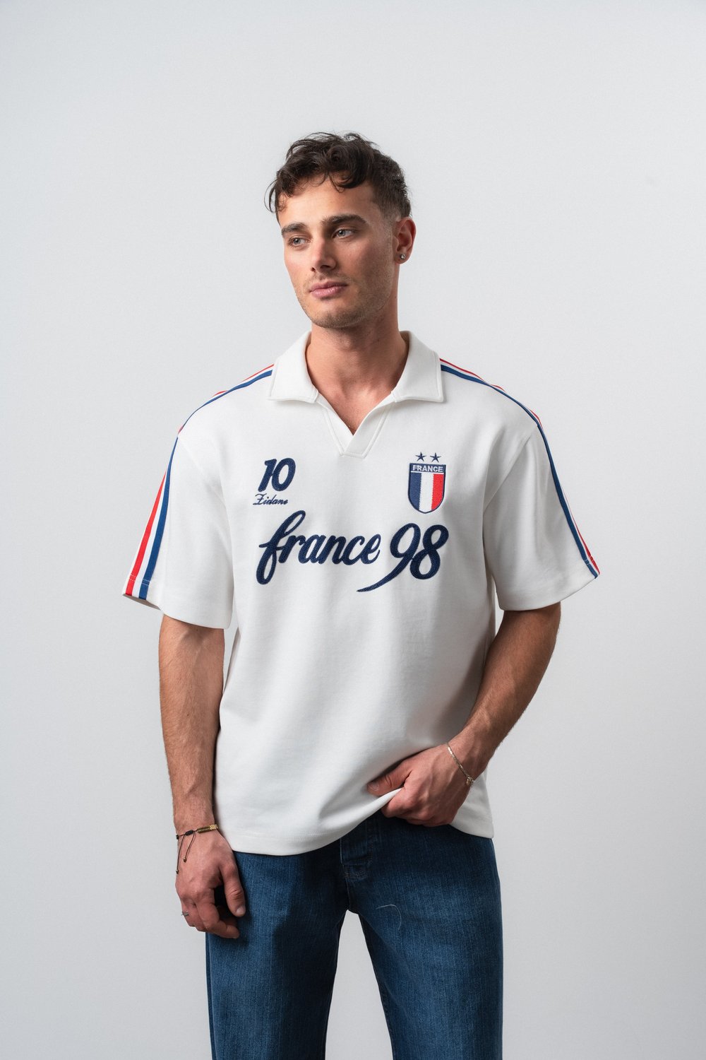 Erkek Fransa Retro Forma T-Shirt Ekru
